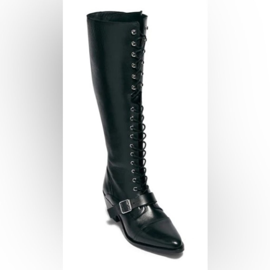 All Saints Savannah Black Over The Knee Boots With Lace-Up Design Size 38